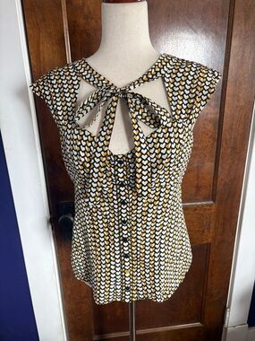 Odille Anthropologie Darling Dear Silk Black White Mustard Heart-Print Tie Top